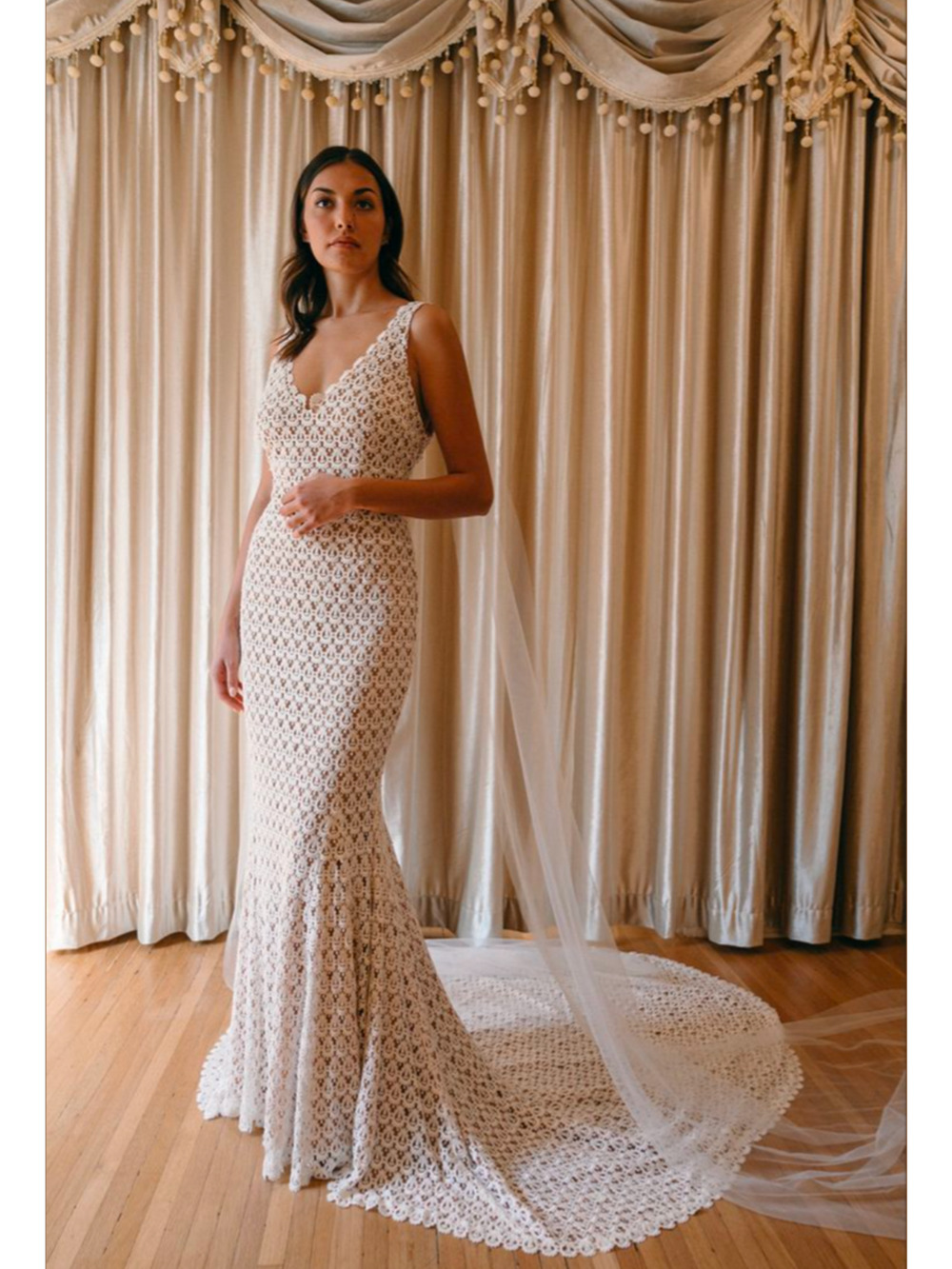 Daughters of Simone Nev Crochet Lace Wedding Dress Nude Lined Boho Gown XL